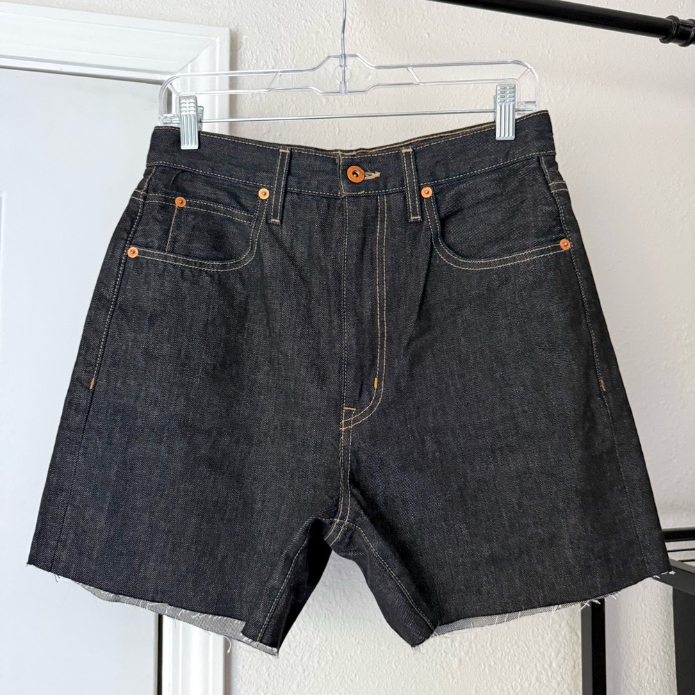 SLVRLAKE dark blue wash denim contrast stitching raw fray hem shorts jean